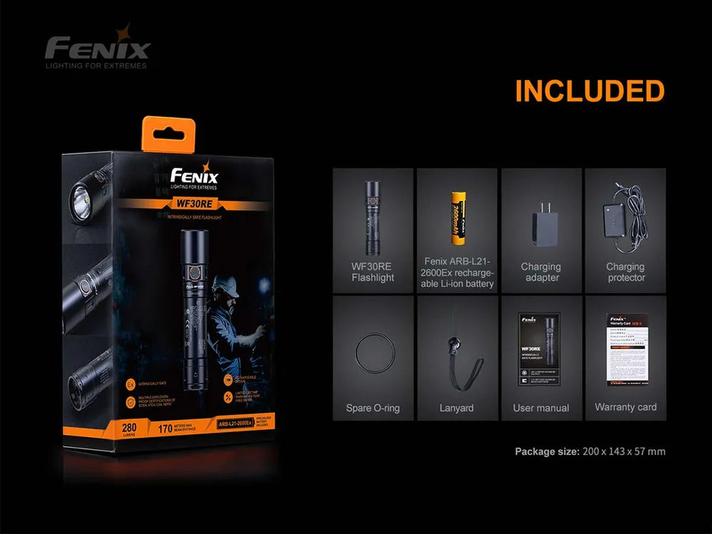Fenix WF30RE LED žibintuvėlis su komplektacijoje esančiais priedais