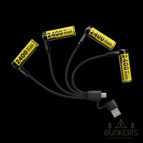 Įkraunamos baterijos Nitecore NH2400 2400mAh, 4vnt. + kabelis